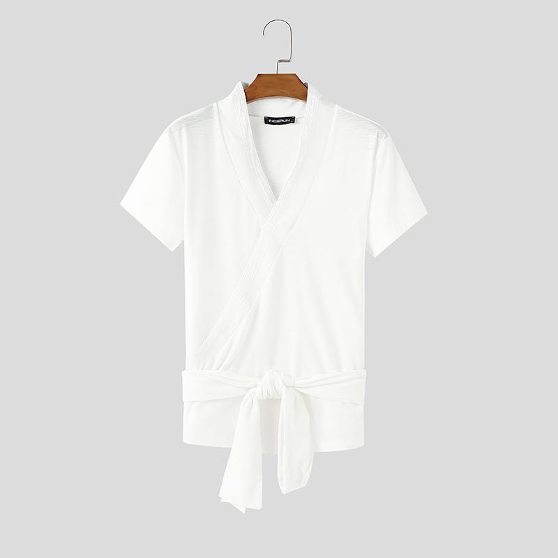 

INCERUN Summer Men V Neck Short Sleeve Bandage Semi-Sheer T-shirts Tops
