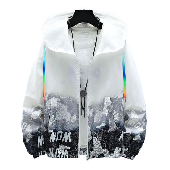 Men Sun Protection Clothing Hooded Long Sleeve Pockets Sunscreen Jacket Zipper Placket Shoes Print Quick Drying Windbreaker