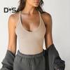 Women Summer Top Low Cut V Neck Sleeveless Elastic Knitted Soft Sweat Absorption Solid Color Slim Fit Sport Exercise Tank Top