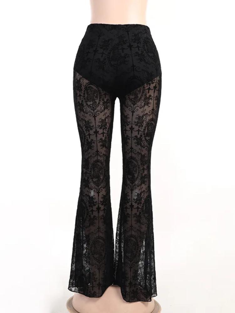 Summer Women's Pants Sexy Perspective Flared Pants Women's Streetwear Retro Lace Pants