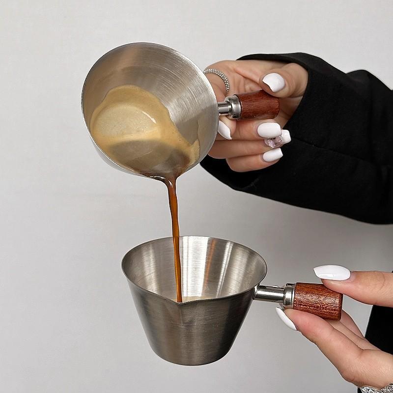 Stainless Steel Espresso Shot Glass with Walnut Handle Graduated Coffee Measuring Cup 2 Oz Liquid Volume Markings Barista Tool