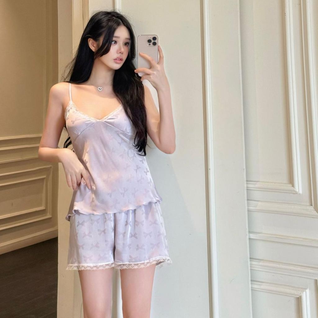 Pyjama en soie glacée pour femmes, été, filles, désir pur, short à bretelles, ensemble loungewear, pyjama femme rose et sexy, loungewear