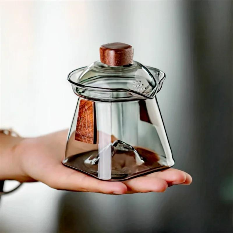 Heat-resistant Glass Gaiwan Tea Tureen with Scald Proof Wood Chips Simple Kung Fu Tea Set Bottom Mountain View Tea Cup and Bowl