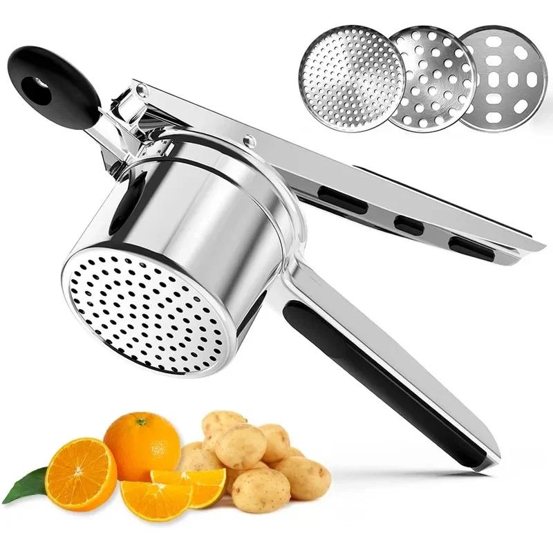 Stainless Steel Potato Masher Heavy Duty Ricer For Mashed Potatoes Potato Press and Kitchen Gadget 3 Interchangeable Discs