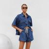 Women's Denim Shirt and Shorts Two Piece Set Short Sleeve Loose Casual Spring Summer Outfit