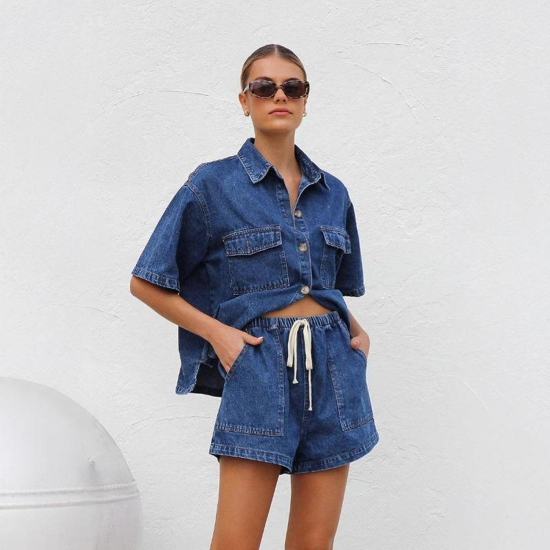 Women's Denim Shirt and Shorts Two Piece Set Short Sleeve Loose Casual Spring Summer Outfit
