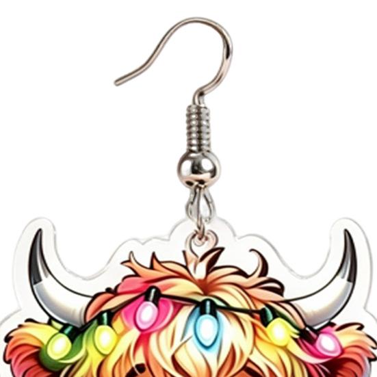 Childlike Festive Style Jewelry 1 Pair Acrylic Highland Cow Christmas Earrings for Women, Cute Scottish Cattle Holiday Gift Her Dangle Drop Earrings,