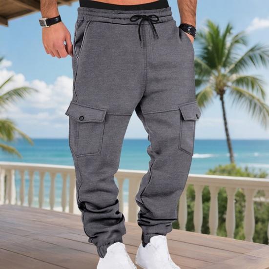 Men Winter Sweatpants Thickened Cargo Pants Warm Casual Baggy Trousers Drawstring Waist Jogger Pants