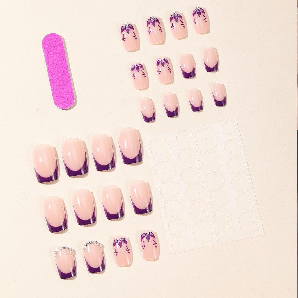 Square Detachable Purple Flower 3D Rhinestone False Nails