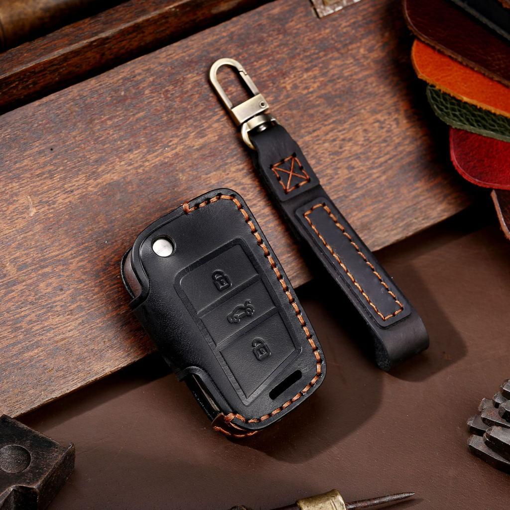 Leather key bag is suitable for Volkswagen key cover folding special protection car key cover genuine leather