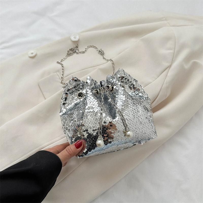 Fashion-forward Black And Silver Sequin Bucket Bag Versatile Single Shoulder Crossbody Bag For Women