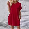 2024 Women's Solid Color Round Neck Loose Short Sleeve Pocket Dress - Spring/Summer Collection