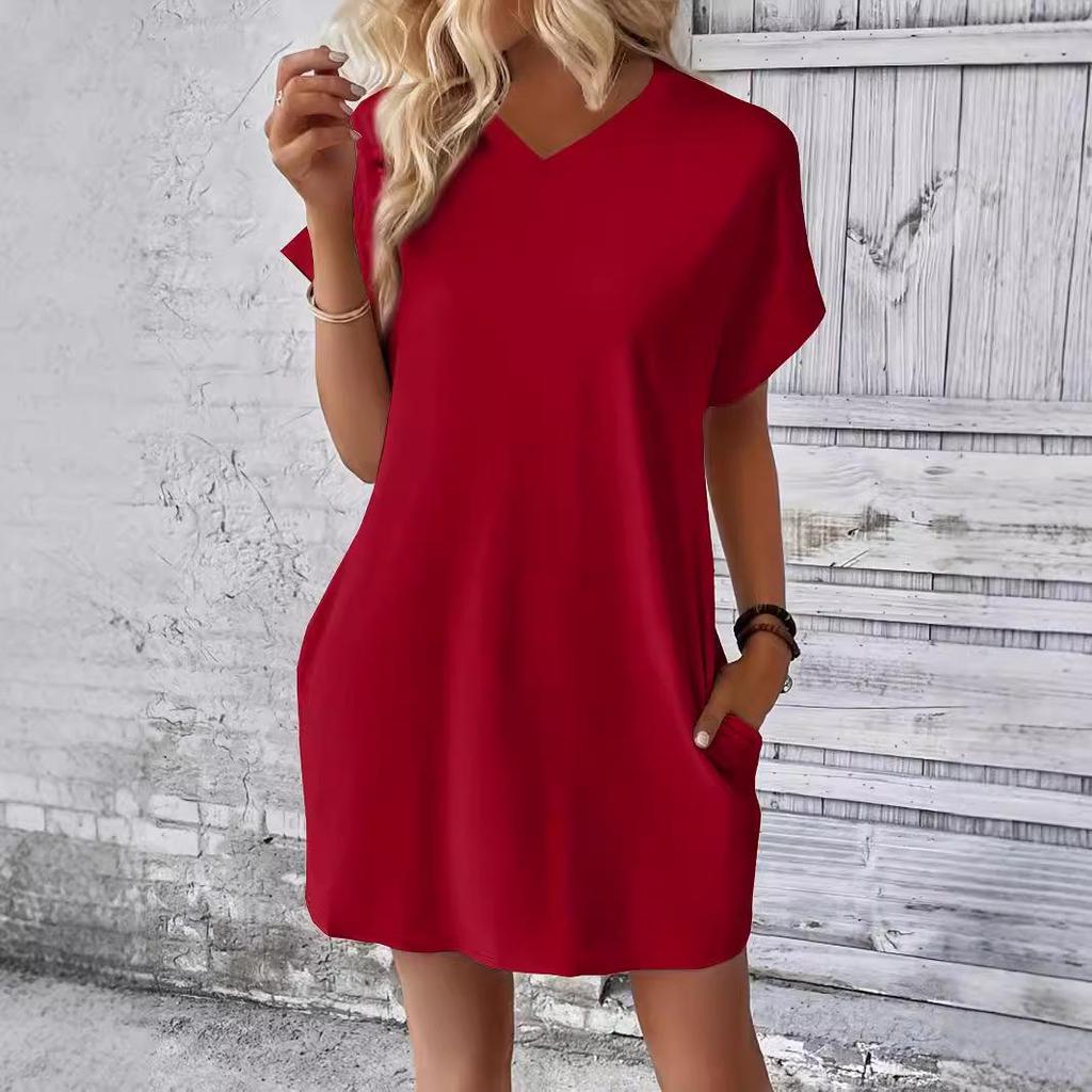 2024 Women's Solid Color Round Neck Loose Short Sleeve Pocket Dress - Spring/Summer Collection