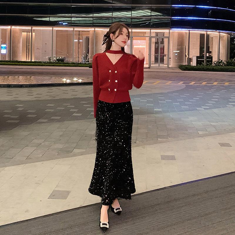 Island Song Fishtail Sequin Skirt Black A-line Midi Women's High-Waisted Autumn/Winter 2025
