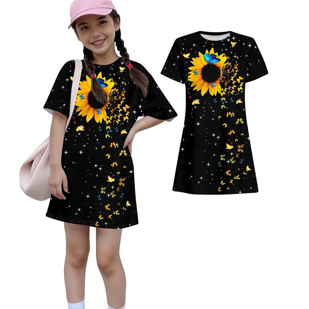 Girls Print Casual Dress Kids Loose Round Neck Short Sleeve Thin Sundress