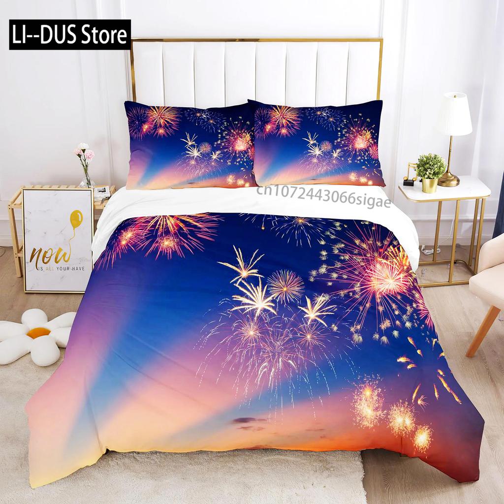 Kolorowy Zestaw Pościeli Fires Bawełna Płukana Poszewka na Kołdrę Fajerwerki Rozmiar Queen Celebrate Wesołych Świąt Miękka Poszewka na Kołdrę