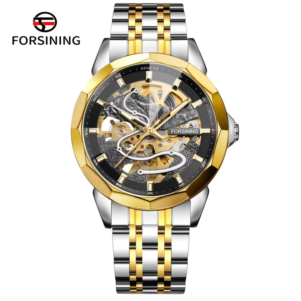 FORSINING Original Gold Skeleton Mechanical Man Watch Automatic Movement Clock Luxury Stainless Steel Men's Watches