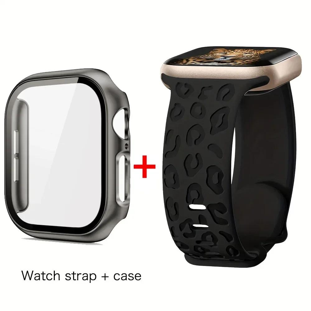 Glass+Case+Strap for Apple Watch Band 45mm 44mm 41mm 40mm Engraved Leopard belt for Apple IWatch Series 10 8 7 6 SE 5 46mm 42mm