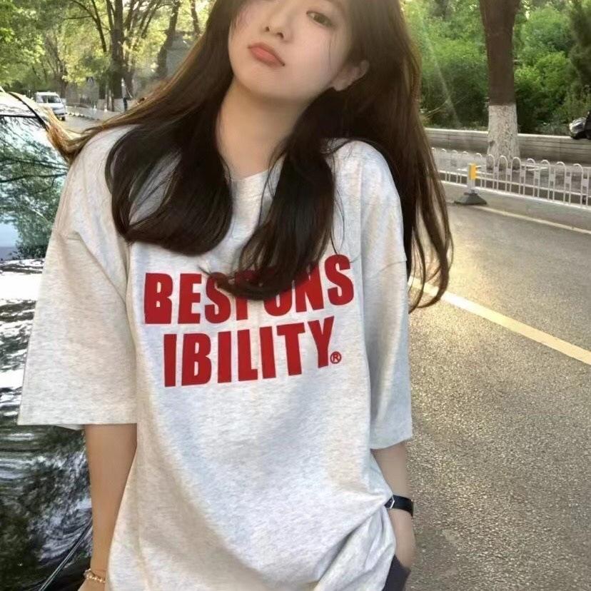 American letter cotton printed short-sleeved T-shirt women s retro summer new oversize loose top women S бежевый