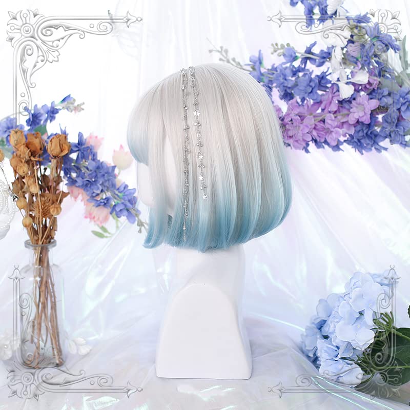 Harajuku and GAL Style Bob Lolita Wig One Gray and Blue Perfect for Mori and Yumekawaii Includes Hair Natural and Lightweight for a Slimmer Set, Curl,