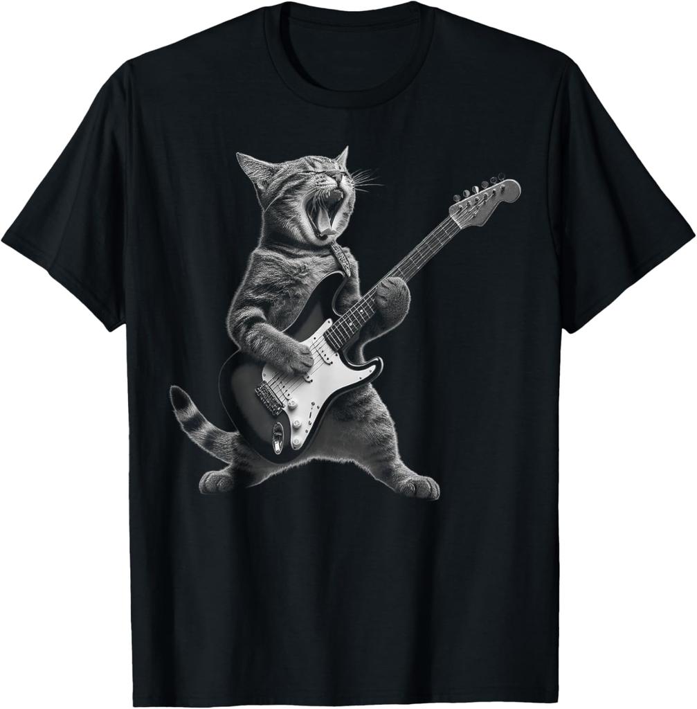 Vtipná Kytarová Kočka Rock Humorný Milovník Koťat Kočka Hrající na Kytaru Tričko Grafické Tričko Roztomilá Hudební Rock Komiksová Koťátka Oblečení Dárek