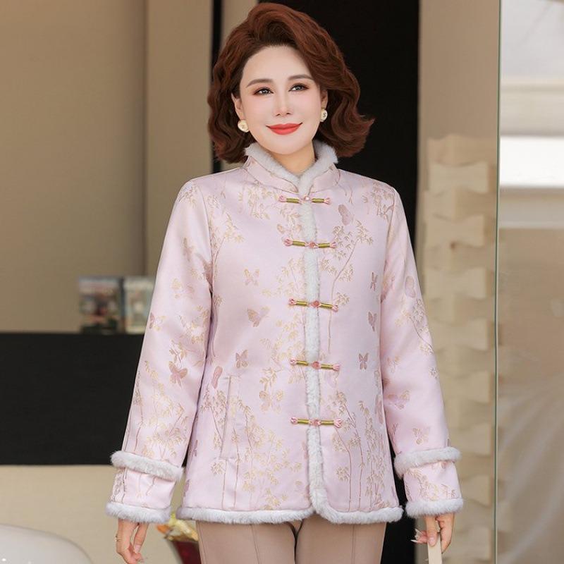 

Women s fringed buckle stand-up neck cotton-padded clothes, autumn and winter piled thickened jacquard loose short jacket cotton-padded jacket 5XL [recommended 150-80kg]