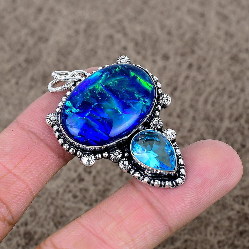 Blue Triplet Opal, Topaz Gemstone 925 Sterling Silver Jewelry Pendant 1.97" KKG-351