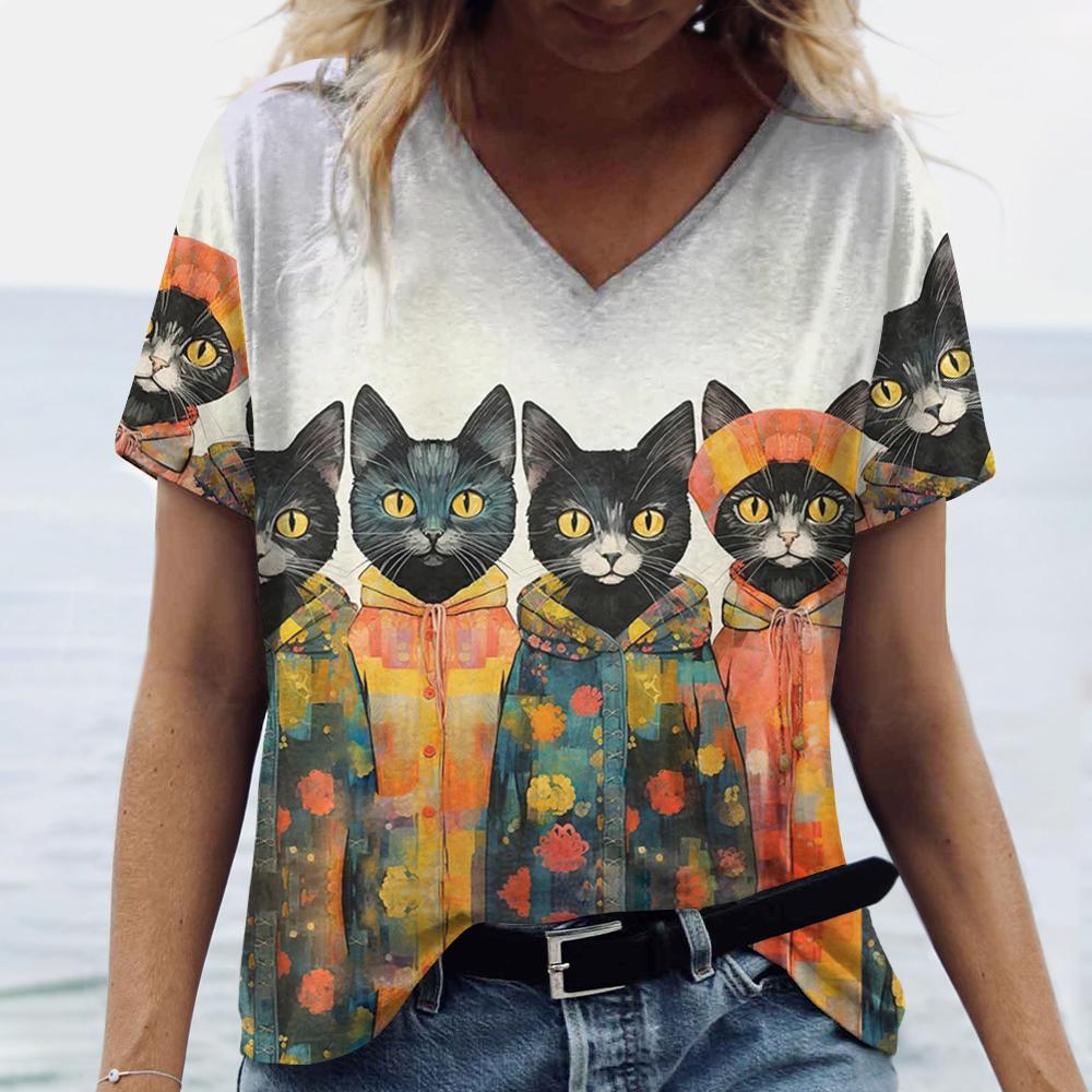 Módní dámské tričko Léto Kreslené zvířecí tričko Dámské oblečení Nadměrné Designové Krátký rukáv Výstřih do V Tričko Halenka 2024 Nové