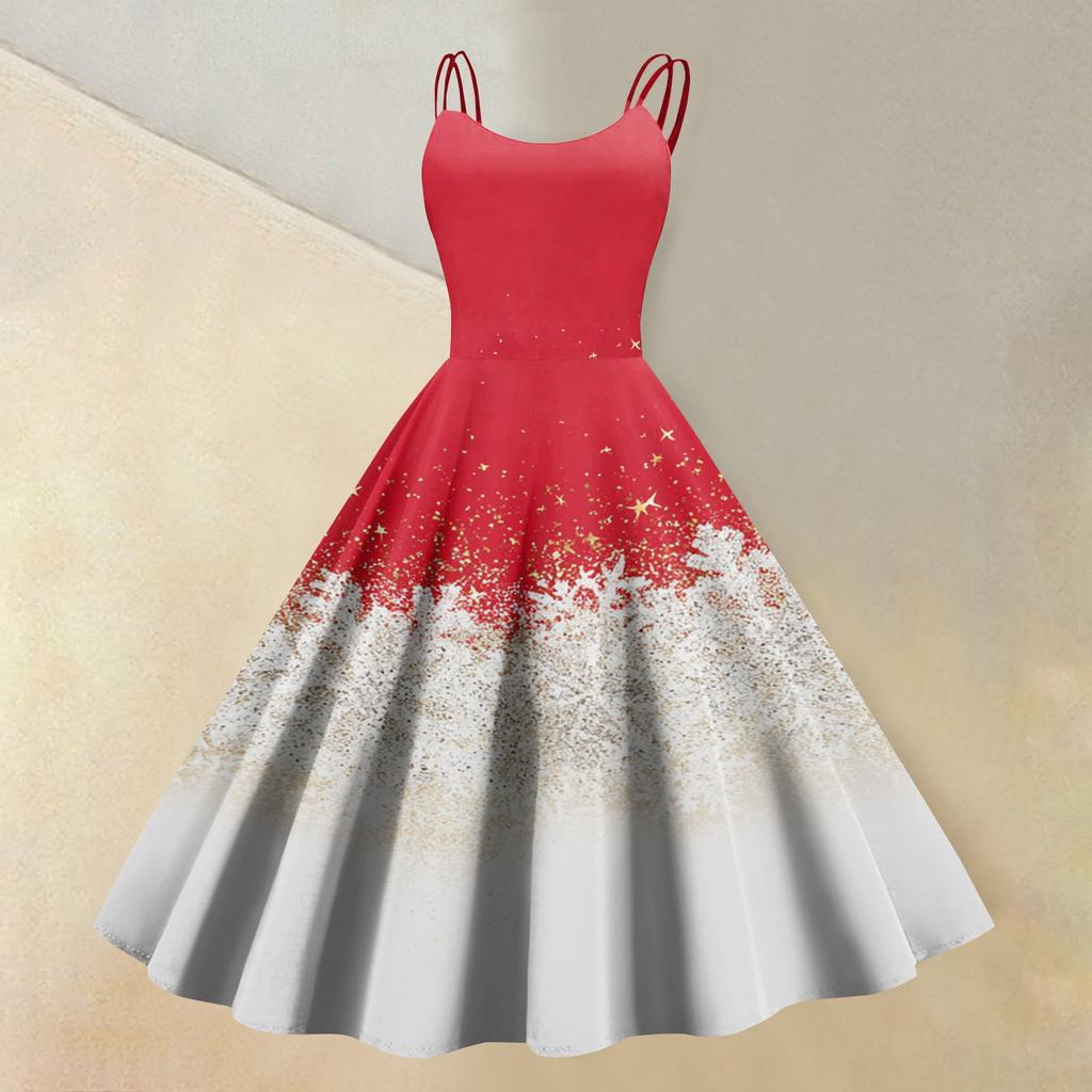 Women's Casual Sleeveless Dress with Christmas Print and Round Neck for Holiday Party