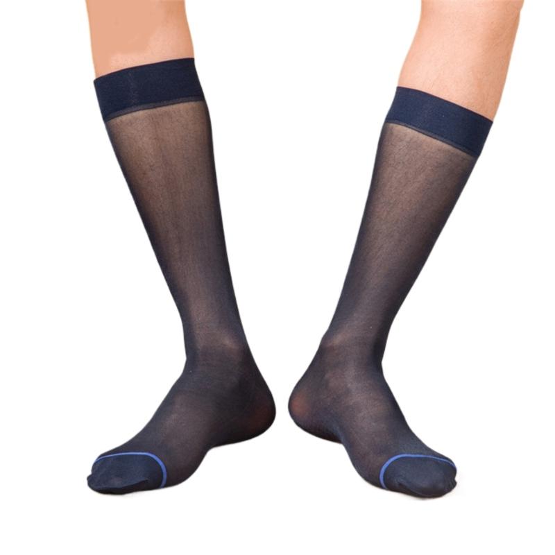Mens Nylon Sheer Thin Suit Socks Business Dress Socks Blue Striped See Through Formal Dress Over the Calf Stockings