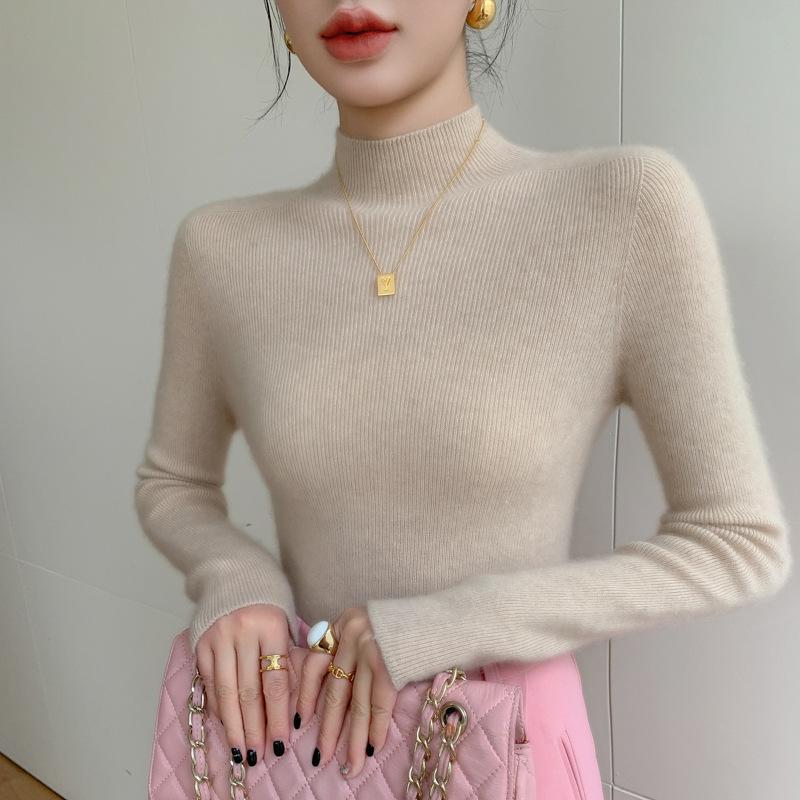 New Women's Slim Fit Cashmere Knit Half-High Neck Sweater for Autumn and Winter