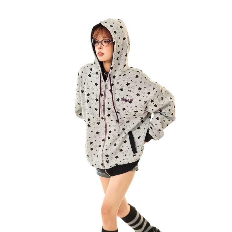 Womens Vintage Star Print Gray Zip-Up Hoodie Loose Casual Sweatshirt
