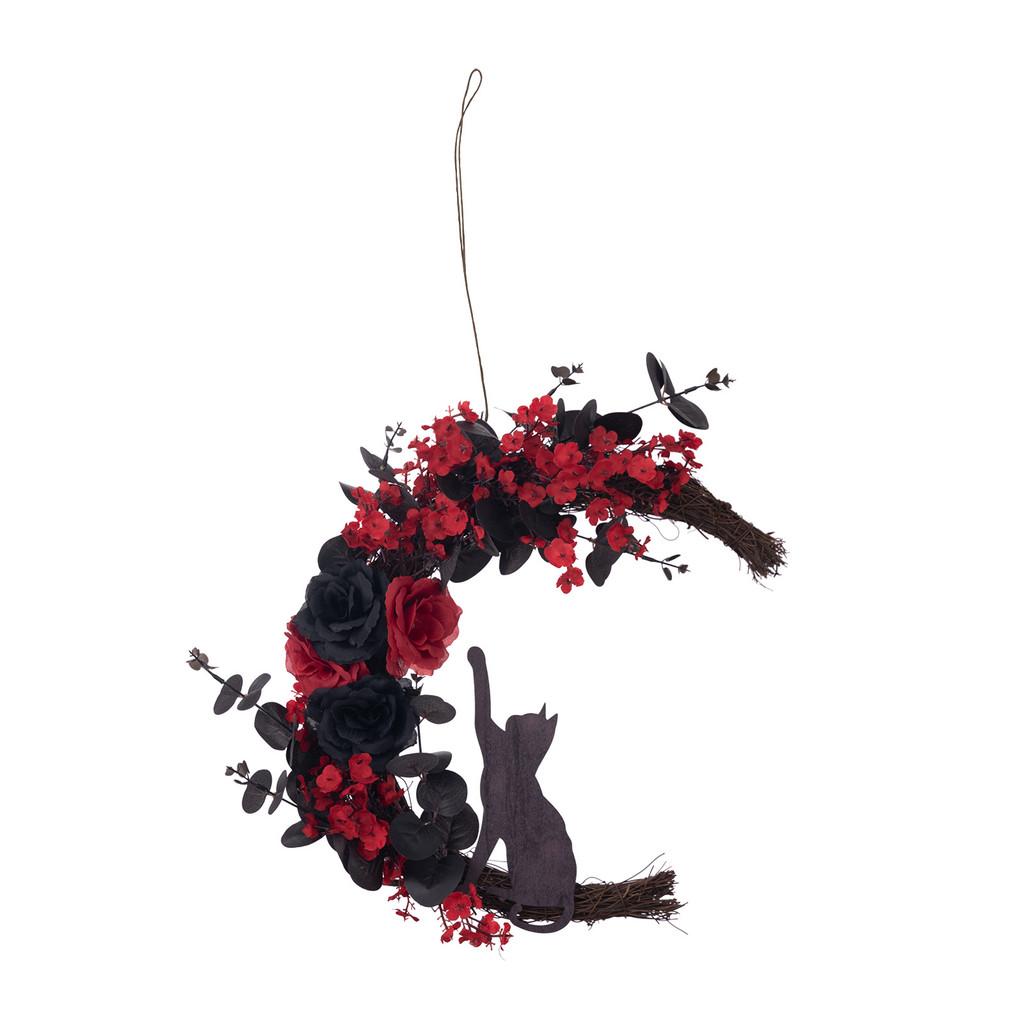 

Stylish Decoration Halloween With Beautiful Rose Adorned Skull Wreath And Delightful Black Cat For Spooky Atmosphere Halloween Cat Wreath