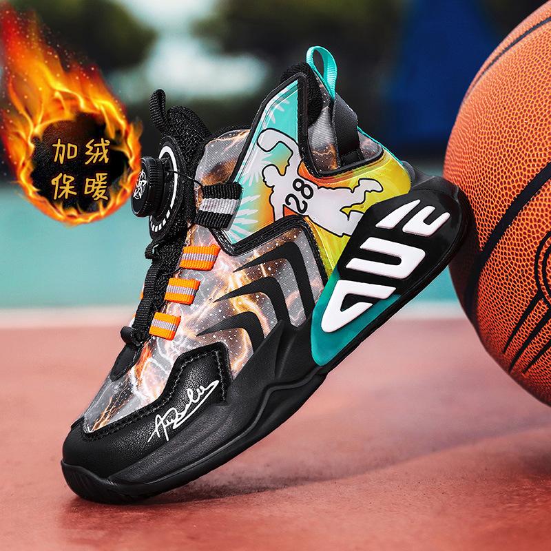 Winter boys' cotton shoes, children's basketball shoes, mid-top leather velvet thermal sports shoes, children's cotton shoes, one piece 2025