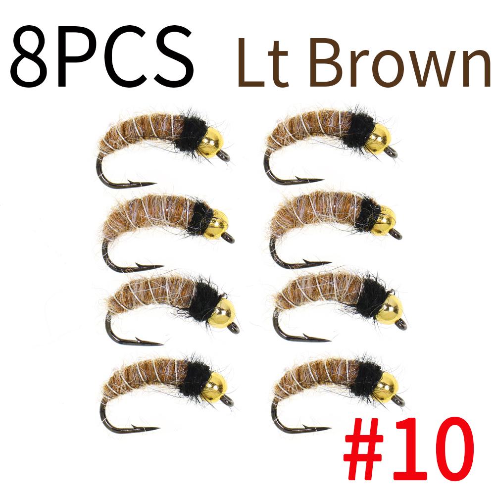 6/8 STÜCKE 2 Größen Perlenkopf Köcherfliegenlarve Nymphe Fliege Realistische Bachflohkrebs Insekt Wurm für Forellen Äschen Angelköder (Widerhakenhaken, Schnell sinkend)