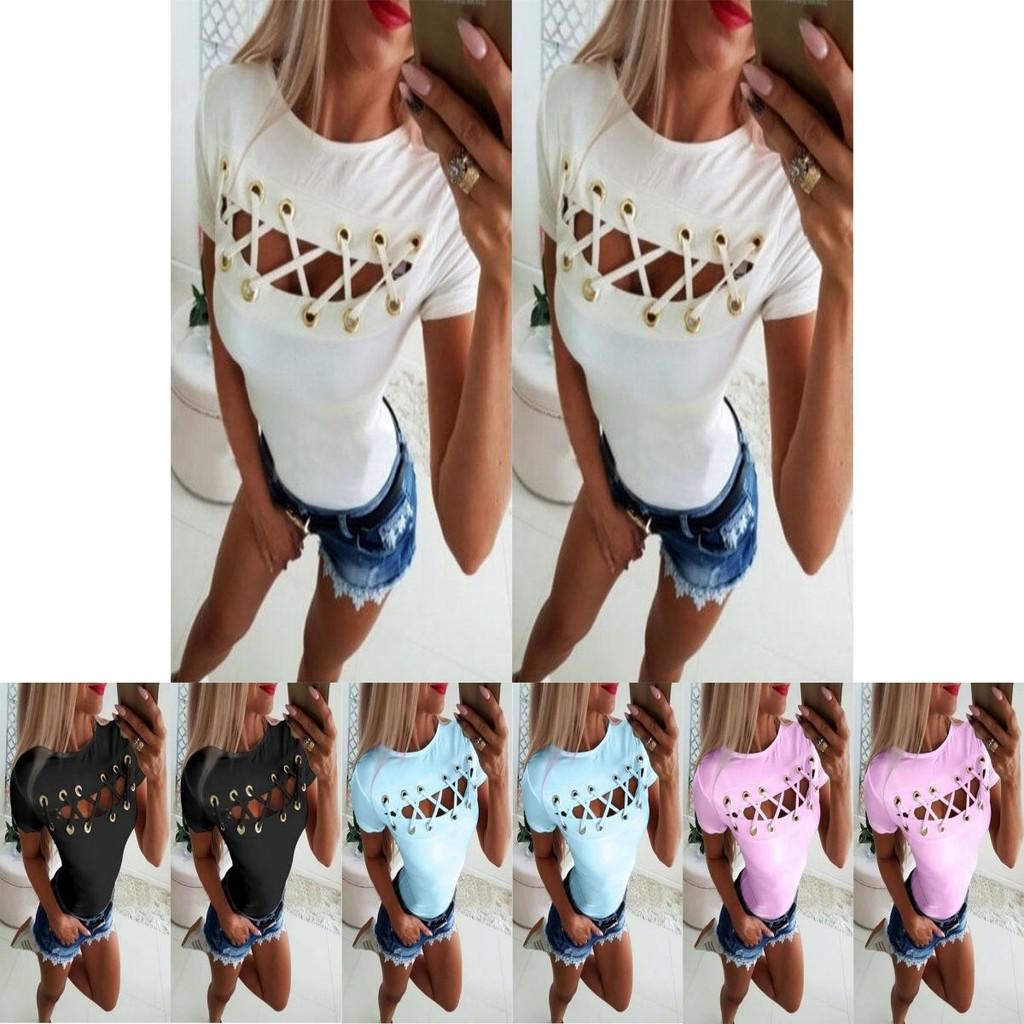 Elegant Sexy Ladies Women's Short Sleeve Cross Lace Up Bodycon Blouse Tops Slim T-shirt