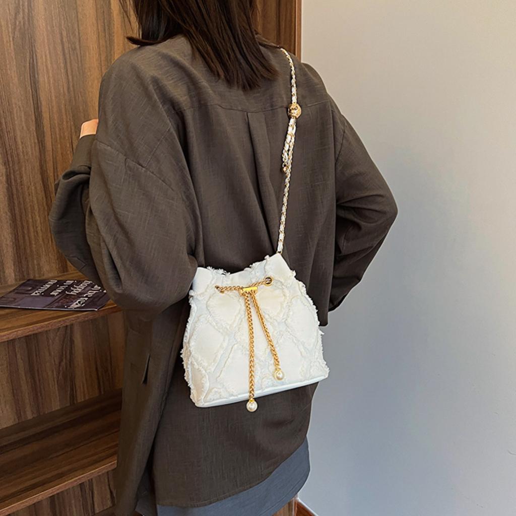Ling Grid Řetízková Kbelíková Taška, Jednoduchá Crossbody Taška, Dámská Módní Ramenní Taška se Stahovací Šňůrkou a Střapcem