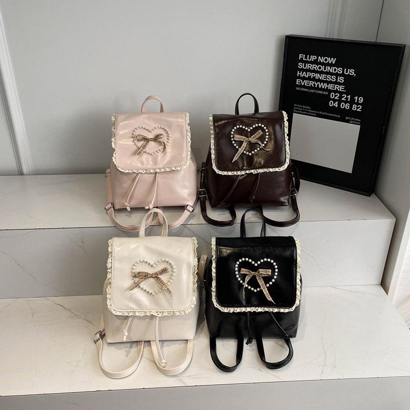 Fashi Sweet Ballet PU Leather Women's Shoulder Bags Pearl Bowknot Decorati Female Backpack Large Capacity Ladies School Bag