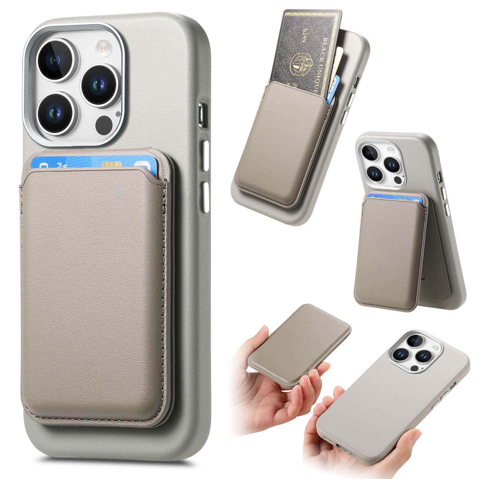 

For iPhone 16 Pro Max Case Detachable Card Slot Leather+TPU Phone Cover with Metal Buttons Grey