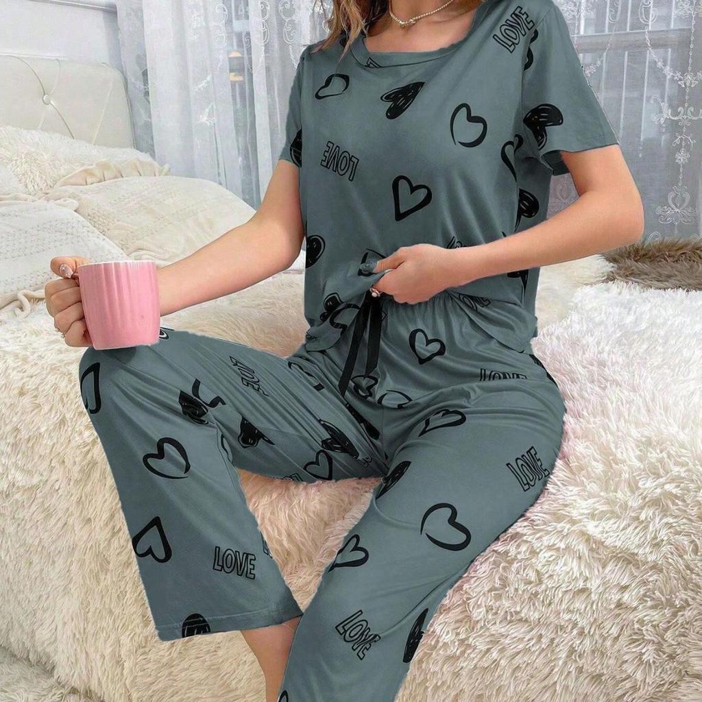 Women's Heart Print Pajama Set: Short Sleeve Top & Long Pants (2025 Collection)