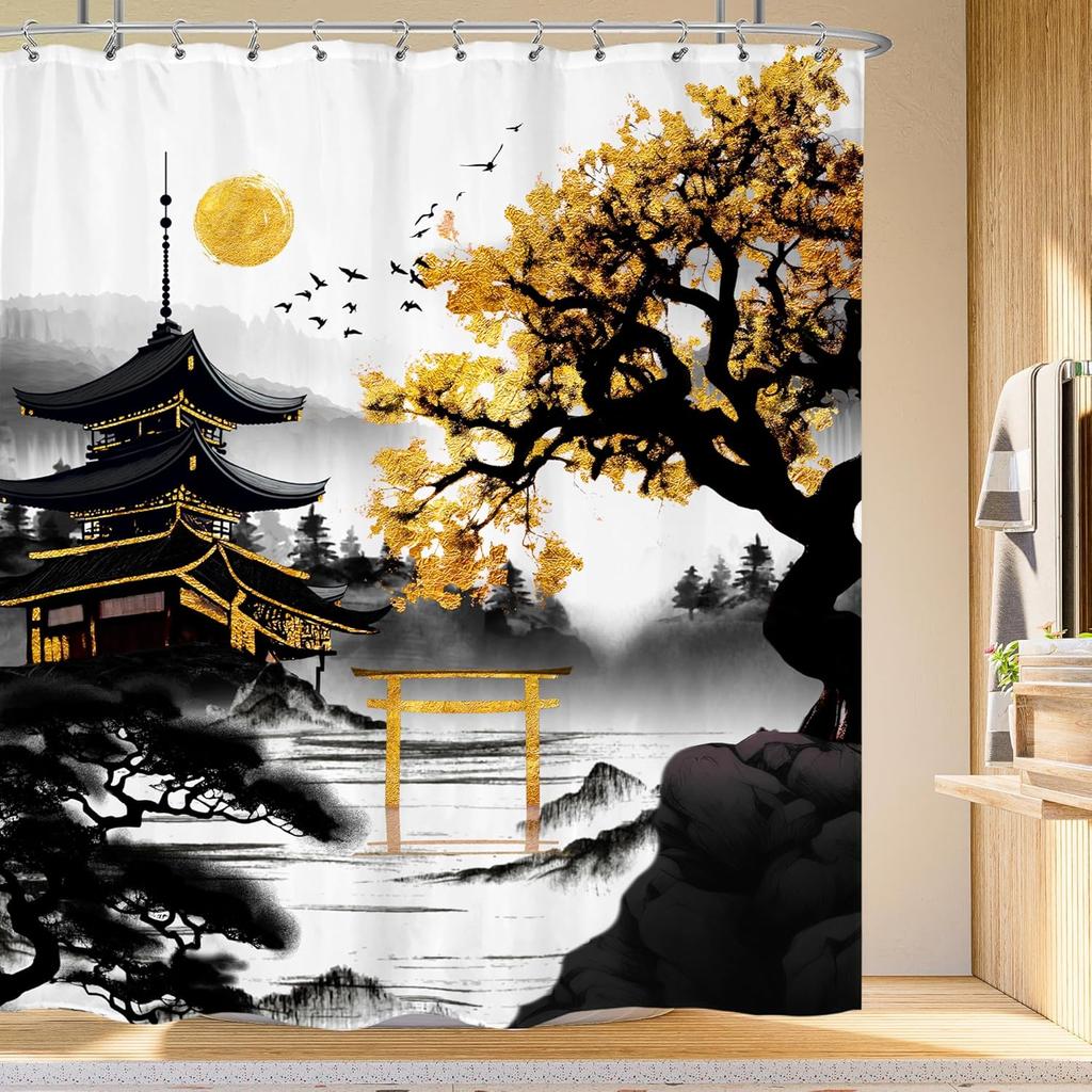 Japanese Cherry Blossom Shower Curtain Watercolor Black Red Floral Asian Chinese Mountain Sun Anime Fabric Waterproof