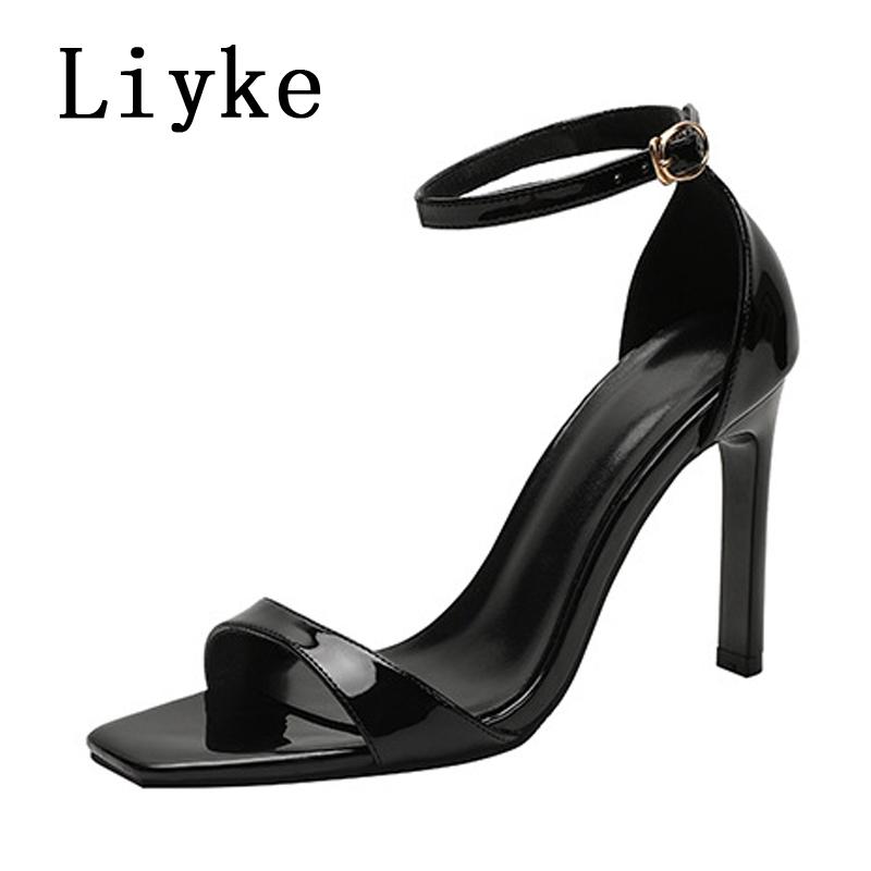 

Fashion Liyke Summer Fashion Ankle Cover Strap Sandals Women Black Patent Leather Square High Heels Banquet Party Shoes Sandalias Mujer 34