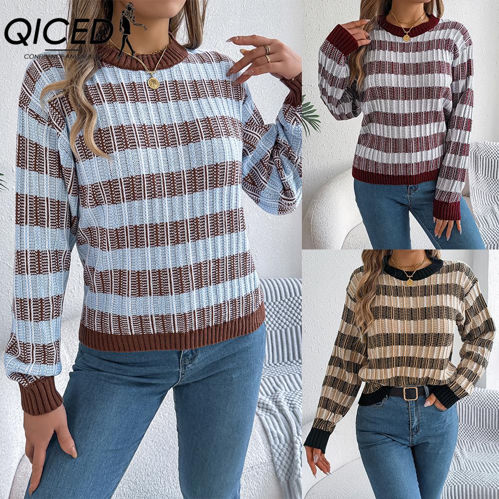 QICED Autumn Winter Round-neck Retro Striped Lantern Long-sleeved Pullover Sweater Women's Wear