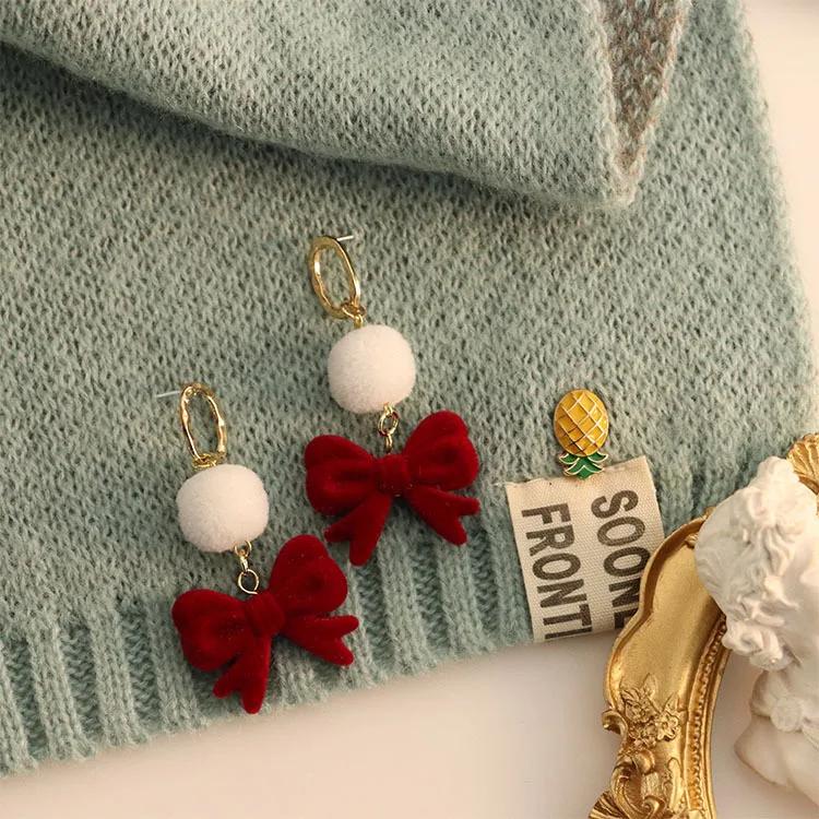 KADRUFI Women New Year Christmas Wine Red Velvet Bow Earrings Korean Fashion Girls White Plush Ball Dangle Earring Jewelry Gift