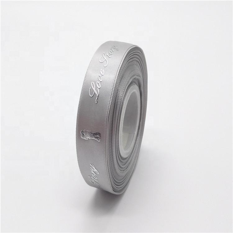 New Arrival Puff and Silver Foil Raised Printed Satin Ribbon With Love Story Logo in Stock Sale