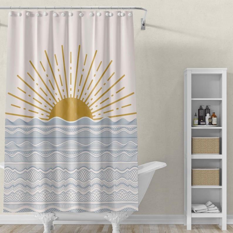 

Coastal Boho Curtain - Ocean Waves, Sunrise/Sunset, Modern Beach Bath Decor, Teen-Friendly W90XH180cm