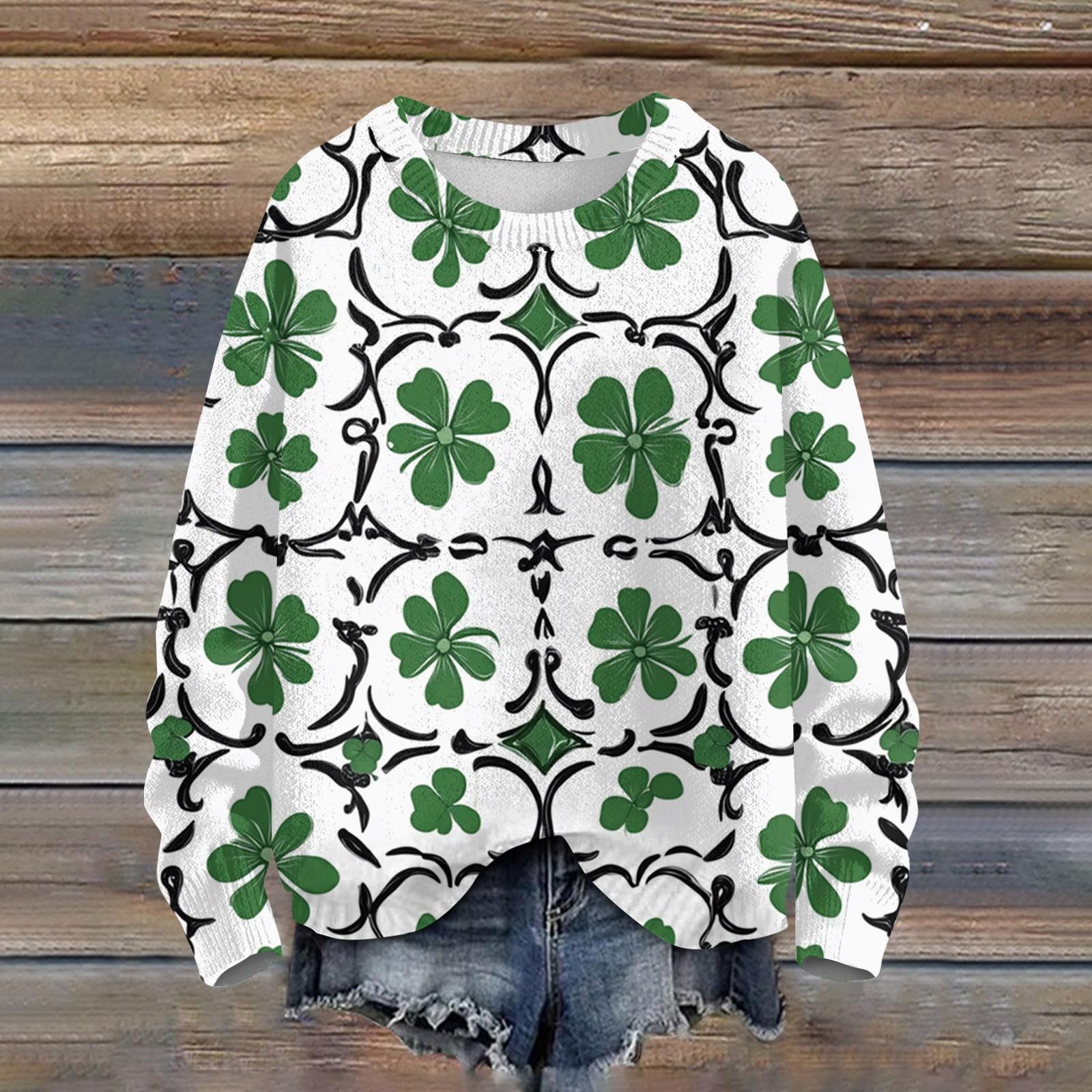 

Женская мода вскользь с длинным рукавом St. Вязаный топ с круглым вырезом и принтом ко Дню Святого Патрика L