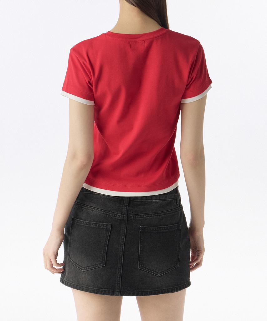 MUSINSA STANDARD WOMAN Women'S Layered Hem Slim T-Shirt [Red/Cream]