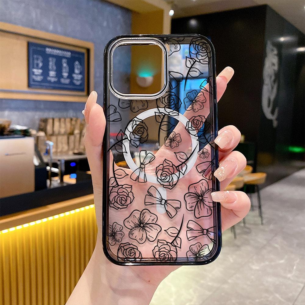 Sketch sweet rose mobile phone case iPhone15 magnetic transparent Apple 17promax anti-drop protective case 16