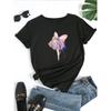 European Size Plus Size, Whimsical Fairy Graphic Women's T-Shirt - Casual Black Short Sleeve Round Neck, Stretchy Blend, Embossed Floral